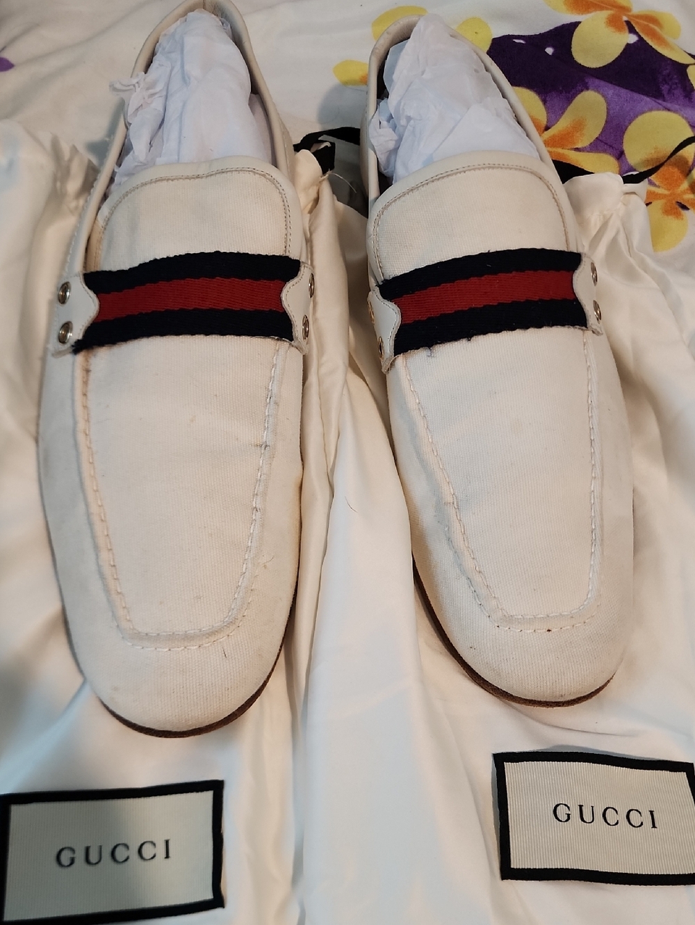 Gucci Ivory Canvas Loafers with Red & Blue Web Stripe - Picture 1 of 10
